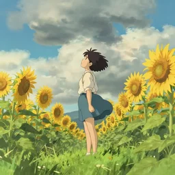 anime girl standing on grass surrounded by sunflowers looking up at a cloudy sky, fantasy landscape concept art by ghibli craig mullins and rossdraws