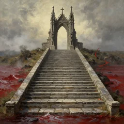 wide stone stepts. a gorgeous landscape painting of a lonely magnificent gothic gate to the hell above the long stepts, by barlowe wayne, maxfield parrish and marco mazzoni, 3 d, octane render, turbulent blood lake, fog, 8 k.