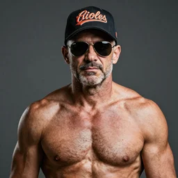 Portrait of a muscular grizzled veteran wearing aviator sunglasses and an orioles baseball cap.