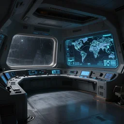 scifi art by Greg Rutkowski, the ship's bridge deck, full of screens and holographic maps with a large window looking into space, functional and elegant look, but minimalist, and a bit dark and lonely, claustrophobic and futuristic environment, detailed and intricate environment, high technology, digital painting, artstation, concept art, smooth, sharp foccus ilustration, Artstation HQ.