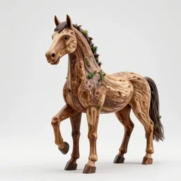 a stunning horse made of gnarled wood and plants by sandra chevrier and greg rutkowski, high key lighting, volumetric light, digital art, highly detailed, fine detail, intricate, ornate, complex, octane render, unreal engine, photorealistic