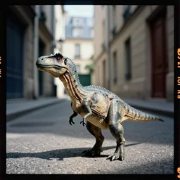 kodak portra 4 0 0, wetplate, 5 0 mm leica summicron f 1. 2, low contrast, award - winning colour portrait : sunlit view of a realistic tiny gray dinosaur standing in a parisian alley