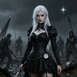 a realistic detail portrait of a pretty huntress dress black clock has white hair and green eyes in the battlefield, Low contrast, abandoned, shining star, traveller, raining, mist, goth by Wolp, Sparth, Mark Brooks, Brad Kunkle, Vincent di fate, Paul-chadeisson, Dylan Cole, Jin Kim, black scheme, 8k, Unreal Engine 5