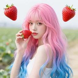 render of a strawberry - woman, long pink and blue hair