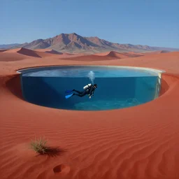 a scuba divers is swimming alone in a giant pool surrounded by red desert sand ; mountain range in the background. the sky is cloudless. surrealist painting,