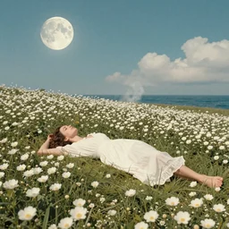 girl lying in a field of flowers, surrounded by white flowers, the sky is the moon, the ground is the sea, clouds and smoke, the girl is wearing a long white dress, the picture is retro, strong decorative style
