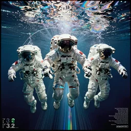 astronauts divers in the empty underwater - complex and hyperdetailed sci fi suit. reflection and dispersion materials. rays and dispersion of light. volumetric light. f / 3 2. noise film photo. flash photography. ultra realistic, wide angle. holographic and anaglyph materials, poster by wayne barlowe, mike winkelmann, craig mullins