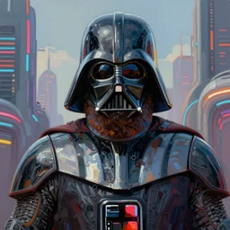 a bearded biker wearing a darth vader helmet and armor, the big city of the future, acrylic paint, hight detailing, artwork by aleksi briclot
