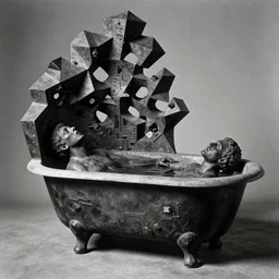 extreme harsh lighting antique photograph of geometric surreal sculpture of a human drowning in a bathtub of its own bad dreams, made of charcoal and black plaster and old circuitry, fractal 3 d structure, sculpted by barbara hepworth and naum gabo, photographed by francesca woodman, grainy high contrast shocking detail trending on artstation 8 k