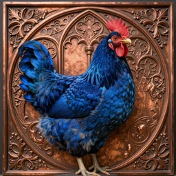 beautiful regal blue chicken hen centered, artwork by james jean, hyper detailed realistic smooth, jean delville, art nouveau, gustav klimt, ornate copper patina gothic icon, james jean, ultrasharp hyperdetailed photorealistic octane render