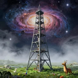 the one and only unique large base majestic upright mechanic steel tower, highly detailed background, fog on the ground, cosmic sky, green nature ground, small magic animals, a dash of magic, vibrant color palette, trending on artstation, digital art, by salvador dali and david normal