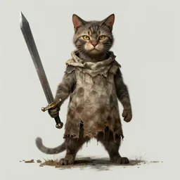 dirty homeless humanoid cat wearing rags, wielding a broadsword, concept art, d & d, fantasy, trending on artstation
