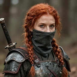 a rustic woman wearing ninja armor, detailed face, redhead, by greg rutkowski, mandy jurgens