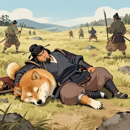 a shiba-inu-samurai general waking up from a nap on the battlefield, artwork on loan from the historical dog society of japan