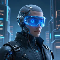 techno god wearing a blue glass eye visor surrounded by futuristic city, cyber clothing, blue light, ultra detailed, intricate, concept art, 4 k, golden ratio,