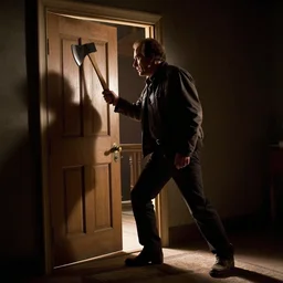 ben stiller starring as jack nicholson in the shining with axe chopping down door, cinematic still,