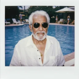 an old man with white hair and a white beard, wearing thin gold wire frame sunglasses, wearing a white patterned button down shirt open three buttons to show his chest, wearing a thin gold chain necklace with a gold pendant, in an empty pool, in a resort with people walking around in the background, aged polaroid vacation photo style