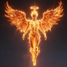 angelic fiery male seraphim, male humanoid figure made of fire, wings of fire, halo of fire, body of pure fire, surrounded by flames, descending from the heavens, highly detailed, cinematic, dramatic, sublime, wide angle, style of daniel merriam, aaron horkey, alena aenami, alex grey, jim burns, josephine wall, kelly mckernan