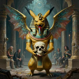 matte symmetrical portrait of egyptian demon pokemon sharp teeth dripping blood and fae wings. he is holding a skull. in an enchanted temple ruin. by dave dorman hieronymus bosch, cyril rolando, esher and natalie shau, whimsical, profound, impossible, dark, atmospheric, brooding, digital painting, intricate.