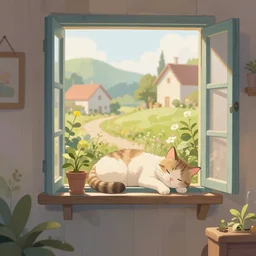 sleeping cat on window, inside house in village, plants, calm, warm, cozy, digital art, sweet home, cute, detailed