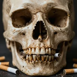close up of bottom half of human skull filled with cigarette butts, dark blurry background