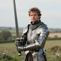 full frame portrait of a knight holding up his sword, countryside, daytime, beautiful portrait by john everett,
