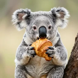 a nature photo of a koala eating a croissant in the savanna