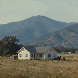 a house in a field with mountains in the background, a matte painting by gregory crewdson, behance contest winner, american scene painting, matte painting, concept art, movie still