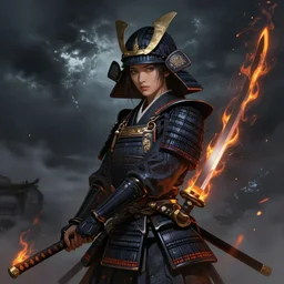a detailed picture of a female samurai holding a flaming katana, ominous nighttime storm, fantasy, d & d, intricate, elegant, highly detailed, digital painting, artstation, concept art, matte, sharp focus, illustration, art by greg rutkowski and rembrandt