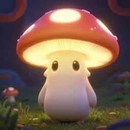 glowing mushroom character with big oval shaped eyes. sharp focus. highly detailed. cute. pixar.