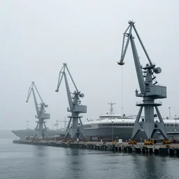 a foggy spaceship harbor with huge cranes, hyperrealism, no blur, 4k resolution, ultra detailed, style of John Berkey, Norman Rockwell, Hans Thoma, Ivan Shishkin, Tyler Edlin, Thomas Kinkade