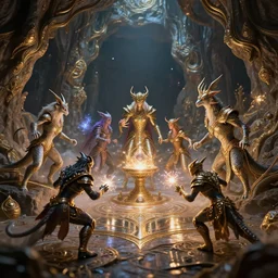 5 creatures fantasy characters fight with magic in big cave, action scene, lumen reflections, sharpened, insanely detailed and intricate, hypermaximalist, elegant, ornate, hyper realistic, super detailed, digital art, bokeh blur