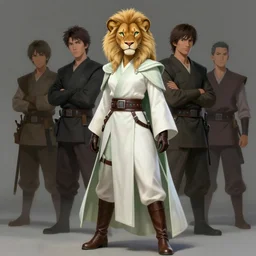 beautiful portrait of a female anthropomorphic lioness fursona princess wearing pale - white and pale - green jedi robes. leather gloves. leather boots. leather belt. character design by charlie bowater, ross tran, artgerm, and makoto shinkai, detailed, soft lighting, rendered in octane
