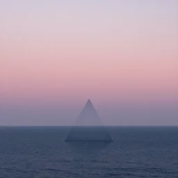 inverted! triangle rising out of a serene ocean, calm tones, muted tones, pink, blue, lilac, smooth gradient, album cover, minimalist, expressionist