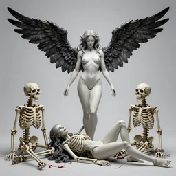 a beautiful fallen angel, full body figure, 6 wings, in hell, surrounded by skeletons, by eve ventrue, michael carson, andreas rochas, john watkiss, caseyweldon, artgerm. art nouveau. mucha. gloomhaven. intricate line background. vivid colors, octane rendering