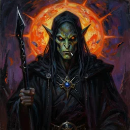 a vibrant portrait painting of a evil half - orc necromancer with piercing eyes in dark fantasy setting, centered, dying earth, darksun, art by frank frazetta, artgerm, michael whelan, chris riddell, greg rutkowski