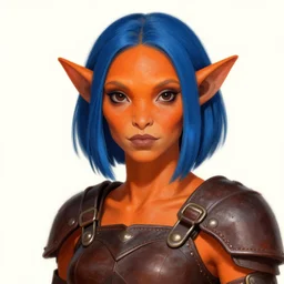 illustrated realistic portrait female ORANGE SKIN prong-horned kobold with blue bob hair and solid dark eyes wearing strap leather armor by rossdraws