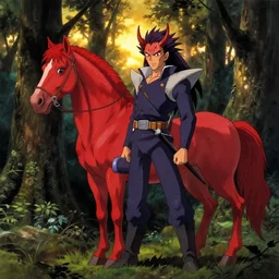 a spiked manga demon next to a red horse in a dark forest | bekinski antiquity marble anime film studio ghibli golden hour sunset ryan mcginley gottfried helnwein painting film cinematic 4 k