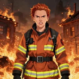 angry scarlett johansson wearing fireman gear. surrounded by a burning houses, afro samurai anime style, dramatic lighting,