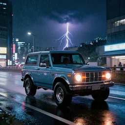a single ford bronco, speeding down tokyo highway in the rain, night time, neon lights, thunderstorm, movie still from the film bladerunner