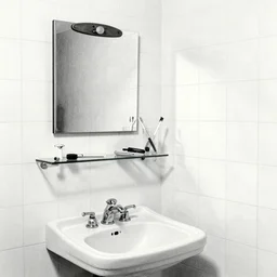ultrarealistic very detailed and crisp pencil drawing by Antonio López of a white tiled bathroom wall with a small mirror above a white ceramic lavabo, and a glass shelf with a glass with a toothbrush and some shaving equipment in Madrid, 1984 n 9