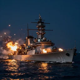 a naval battle far away with battleships and torpedoes in the night with fire and bullet tracers flying, high detail, high definition, photorealistic, 8k,