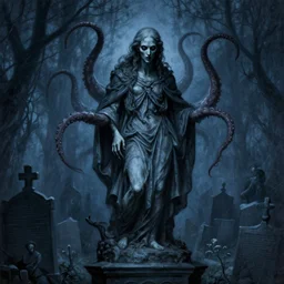 gothic cemetery, statue, darkness, evil, creepy, science, 1 9 century, hard atmosphere, lovercraft, insmouth, tentacles, artwork, paint, blue tones, detailed, by bastien lecouffe deharme, by jeremy mann, by alexander fedosav