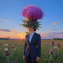 portrait, giant thistle flower under head, girl in a suit in field of flowers, surreal photography, sunrise, blue sky, dramatic light, impressionist painting, digital painting, artstation, simon stalenhag