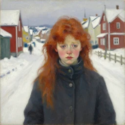 a painting of sad little redhead lady in a winter street in norway, oil on canvas, by hammershoi