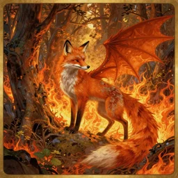spirit of the fox dragon in fiery tale forest in artnouve style by alphonse mucha hiroshi yoshida. artstation trending