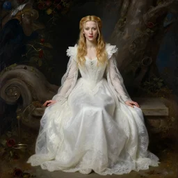 a full length portrait of  regal, ((mischievous)), dangerous young,  Galadriel! (young Cate Blanchett), dressed in a ((lacy))), (((white))) dress.  Pre-Raphaelite oil painting, inspired by Sleeping Beauty from 1899