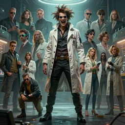 a highly detailed epic cinematic concept art cg render digital painting artwork costume design : cyberpunk 2 0 7 7 as a 1 9 5 0 s crazy mad scientist lunatic in a lab coat, with wild unkempt hair. by beeple, butcher billy, david villegas, irina french, heraldo ortega, rachel walpole, jeszika le vye, mandy jurgens, lim chuan shin, barret frymire, dan volbert, trending on artstation,