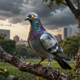 robotic scifi pigeon with chrome beak and metal wings and glowing eye perched on a tree branch, lush city park, golden hour, intense storm clouds, city background, electronics circuit board and wires, panels and rivets, iridescent, grunge and dirt, sharp details, octane render, artstation