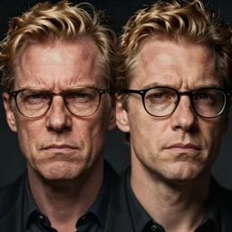 portrait of a man, symmetrical face, blonde hair and glasses, he is angry as his father, slightly sad, ambient light